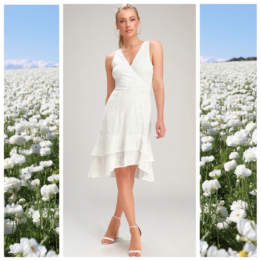 Lulus Radiant Ren White Eyelet Ruffled Sleeveless Midi Dress Size Medium